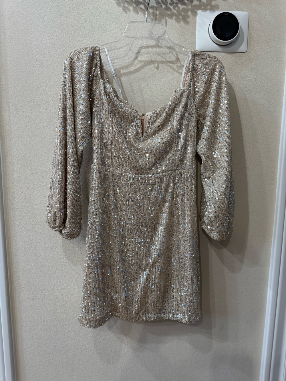 LULUS Festive Mood Bustier Long Sleeve Gold Sequin Mini Dress in size Medium